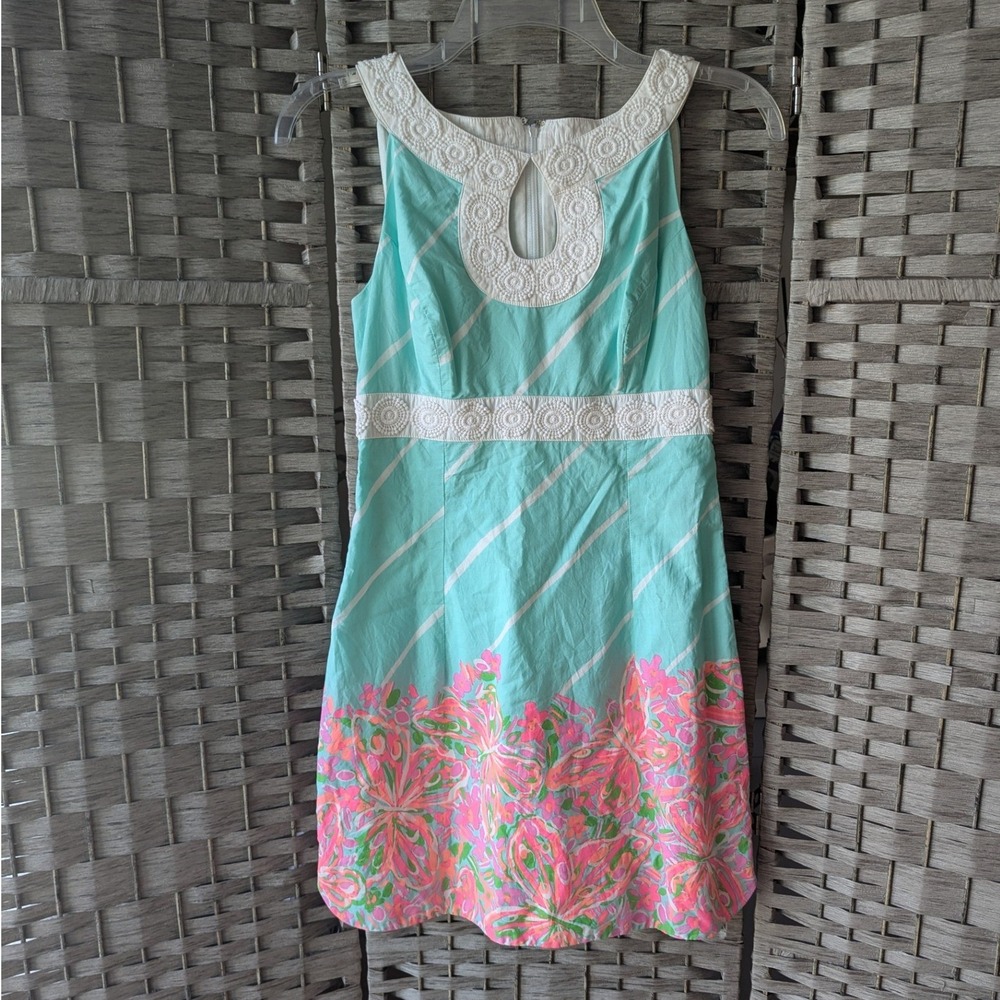 Lilly Pulitzer Shift‎ Dress Turquoise Floral Butterfly Crochet Trim Sz 0 Preppy